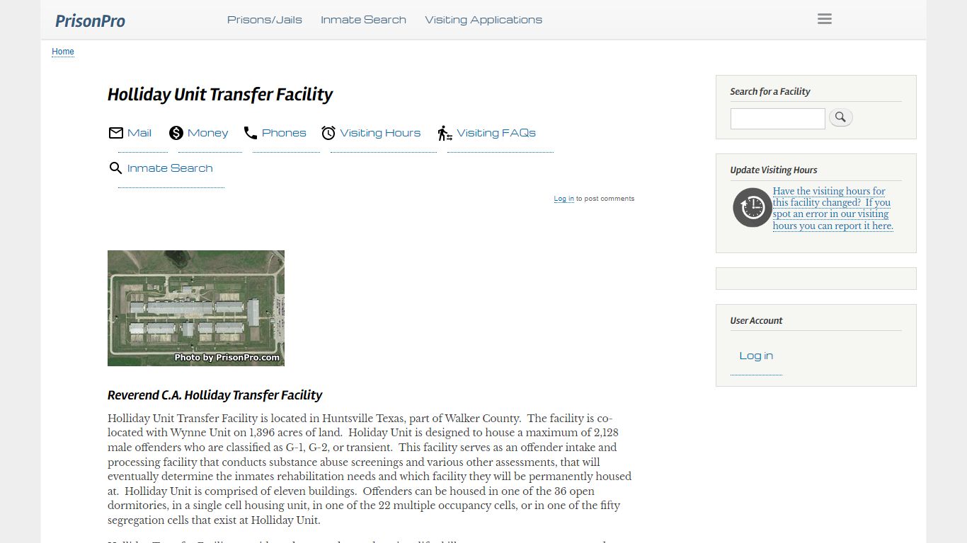 Holliday Unit Transfer Facility Visiting hours, inmate phones, mail